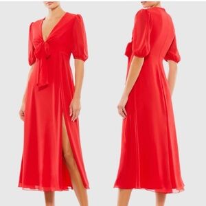 IEENA FOR MAC DUGGAL Red V Neck Bow Detail Flowy Midi Dress